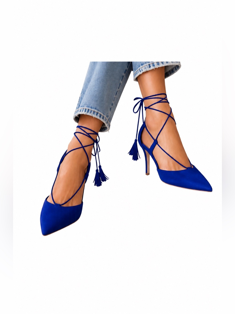 Marc Fisher Cobalt Blue Lace-Up Heels 6.5 Pointed Toe Tassel Ankle Wrap Pumps